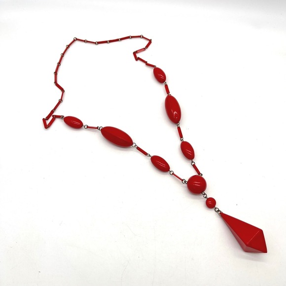 Jewelry - Vintage Red Geometric Resin Bead Necklace Art Deco Style Drop Pendant 30 Inch